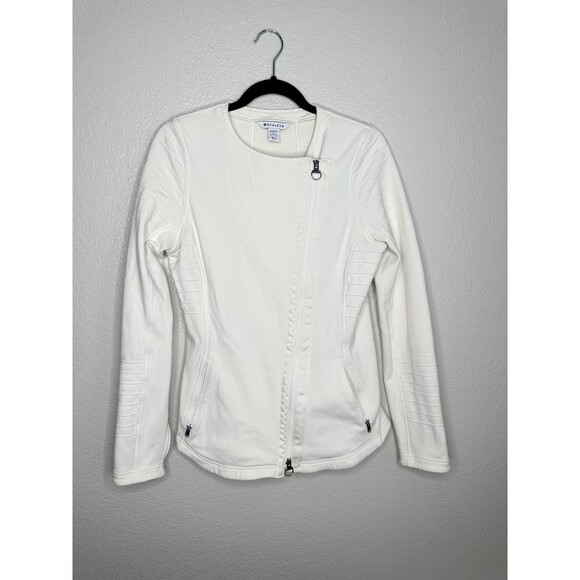 Athleta Jackets & Blazers - Athleta Moto Jacket Womens Medium Stretch White Asymmetrical Zip Pockets Fleece